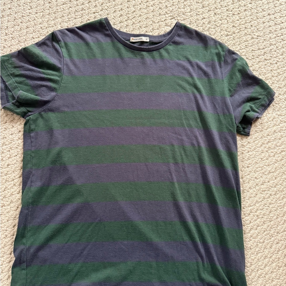Marine Layer Classic Men’s Navy and Green Striped Crew Neck T-Shirt
